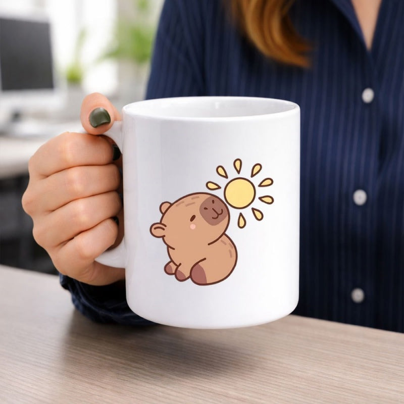 Tailorly White Ceramic 11 oz Mug - Cute Sitting Animal Enjoying Gentle Warm Sunlight Rays Capybara