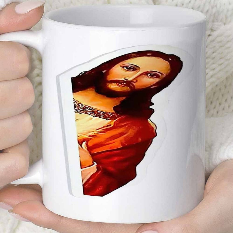Tailorly White Ceramic 11 oz Mug - Classic Peeking Religious Portrait Of Christ Wearing Traditional Red Robes Jesus