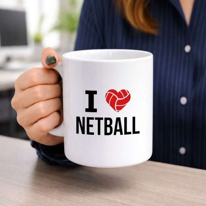 Tailorly White Ceramic 11 oz Mug - I Netball Red Heart Shaped Ball Featuring White Sport Stitching Mug