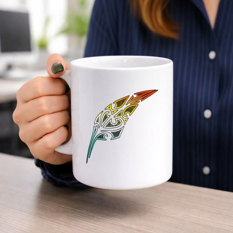 Tailorly White Ceramic 11 oz Mug - Artistic Tribal Pattern With Vibrant Gradient Colors Blending Through Feather