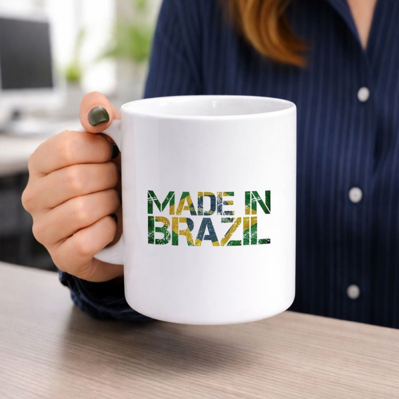 Tailorly White Ceramic 11 oz Mug - Made In Brazil Vibrant Green And Yellow Flag Patterns Inside Bold Blocky Typography Mug