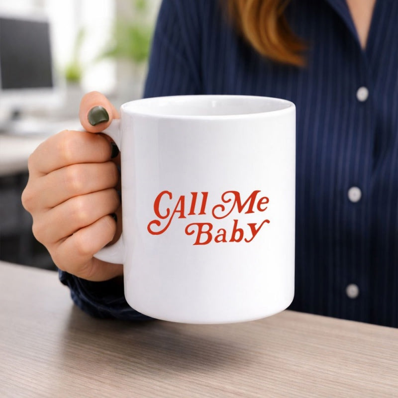 Tailorly White Ceramic 11 oz Mug - Call Me Baby Minimalist White Ceramic Coffee Cup Held By A Person Mug