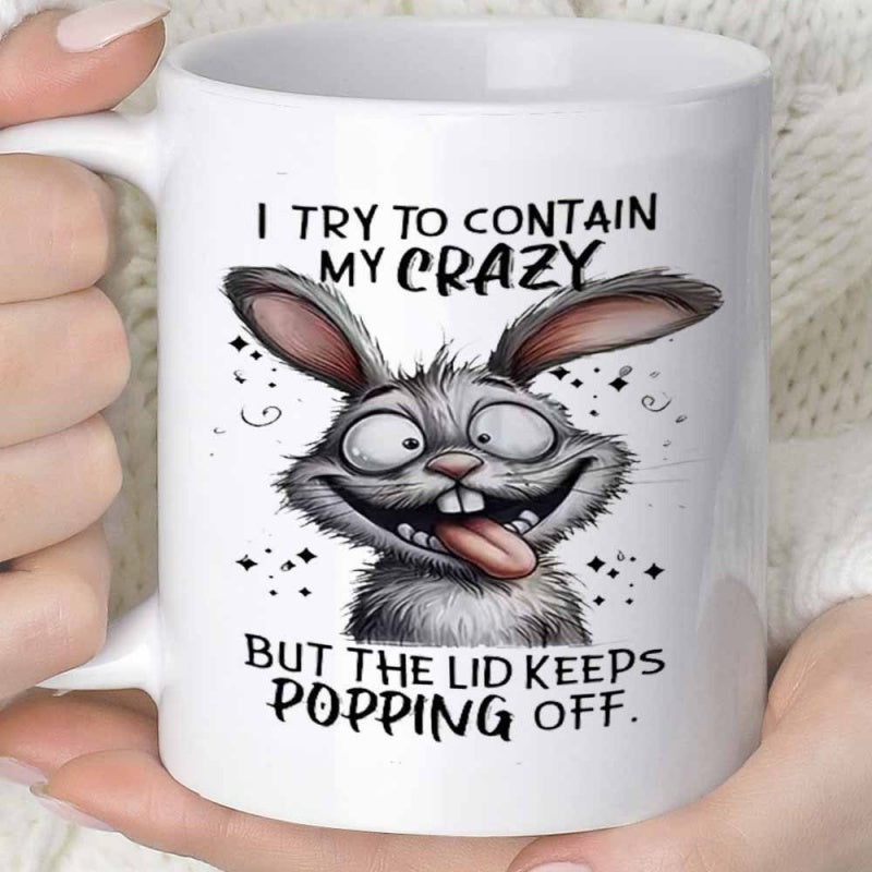 Tailorly White Ceramic 11 oz Mug - I Try To Contain My Crazy But The Lid Keeps Popping Off Wacky Grey Bunny With Wide Eyes And Sticking Out Tongue Rabbit
