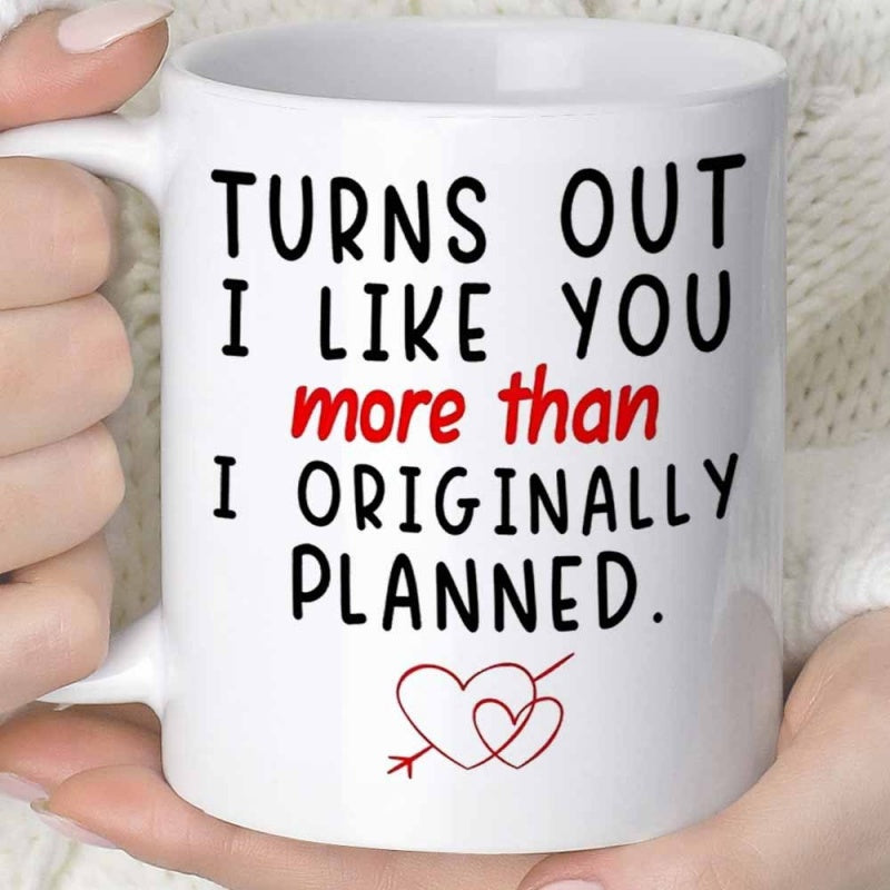Tailorly White Ceramic 11 oz Mug - Turns Out I Like You More Than I Originally Planned Simple Red Line Art Overlapping Hearts With A Piercing Cupid Arrow Mug