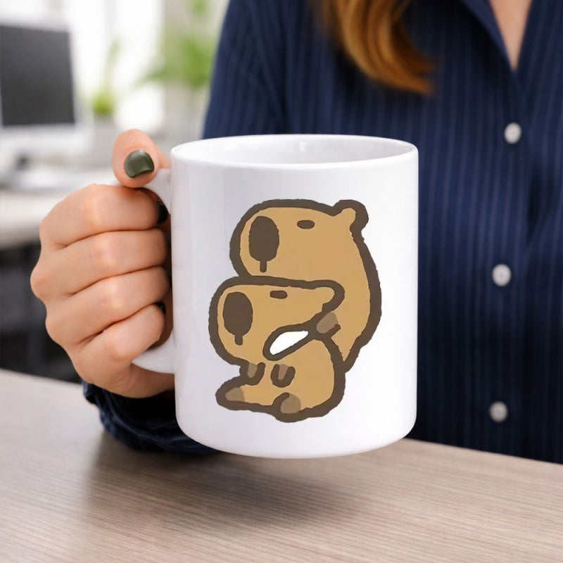 Tailorly White Ceramic 11 oz Mug - Two Adorable Brown Cartoon Animals Posing With A Small Sharp Knife Capybara