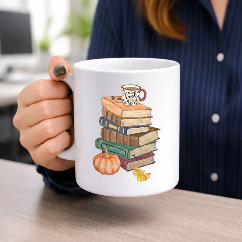 Tailorly White Ceramic 11 oz Mug - Cozy Hand Drawn Watercolor Illustration With Small Pumpkin And Tea Resting On Books