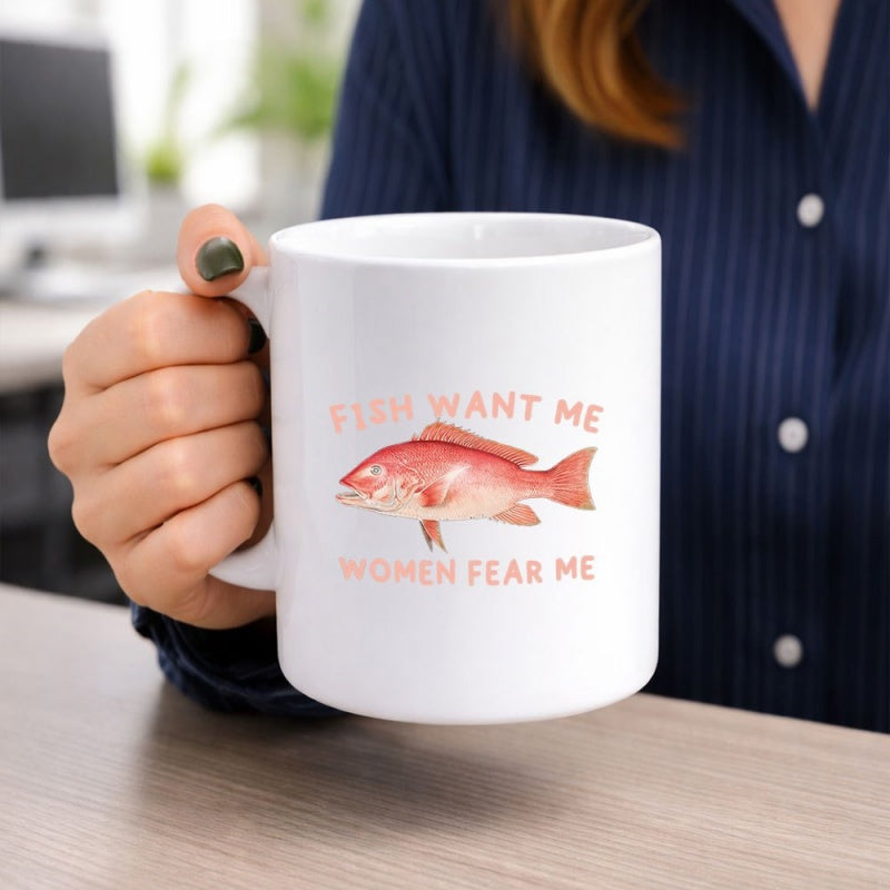 Tailorly White Ceramic 11 oz Mug - Fish Want Me Women Fear Me Detailed Red Snapper Swimming In A Minimalist White Space Fish