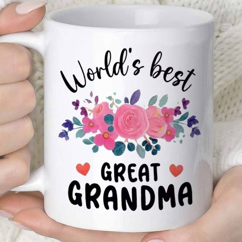 Tailorly White Ceramic 11 oz Mug - Worlds Best Great Grandma Vibrant Pink Roses And Purple Leaves Blooming With Small Red Hearts Flower