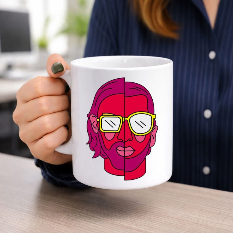 Tailorly White Ceramic 11 oz Mug - Modern Abstract Stylized Male Portrait With Pink Hair And Yellow Glasses Portrait