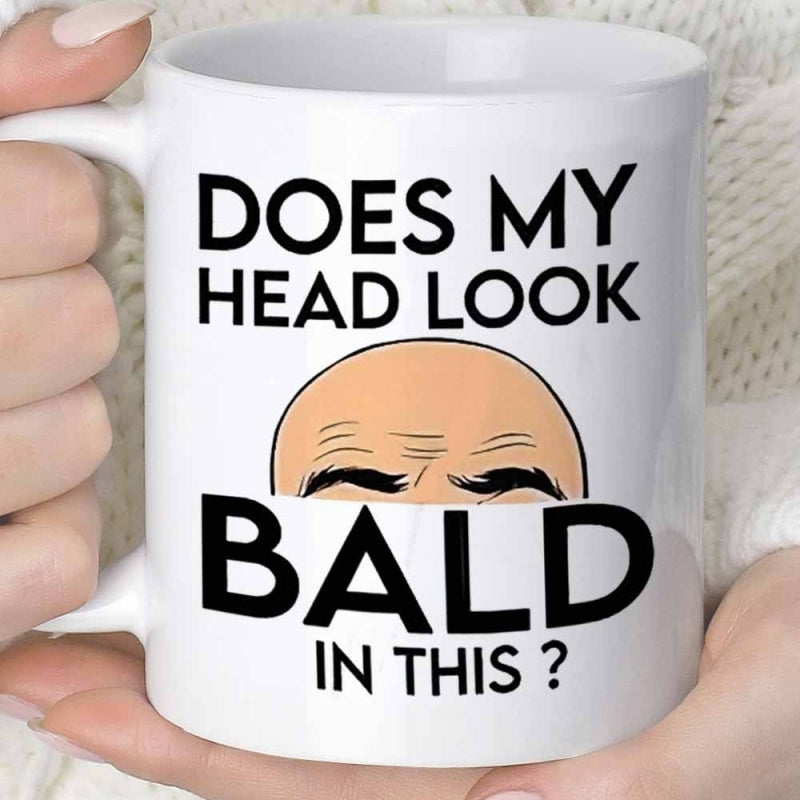 Tailorly White Ceramic 11 oz Mug - Does My Head Look Bald In This Minimalist Illustration Of A Smooth Shining Humorous Top Half Of A Human Head