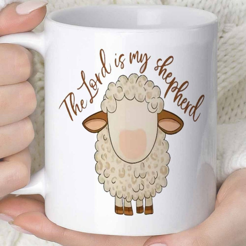 Tailorly White Ceramic 11 oz Mug - The Lord Is My Shepherd Fluffy Cartoon Animal With Curly Wool And Brown Little Legs Sheep