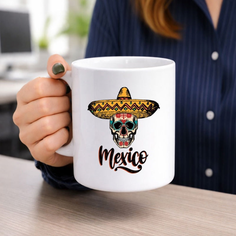 Tailorly White Ceramic 11 oz Mug - Mexico Traditional Sugar Skull Wearing Yellow Sombrero With Vibrant Decorative Ornaments Skull