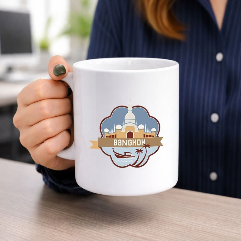 Tailorly White Ceramic 11 oz Mug - Bangkok Scenic Badge Featuring Traditional Architecture With Tropical Palm Trees And River Boat Temple