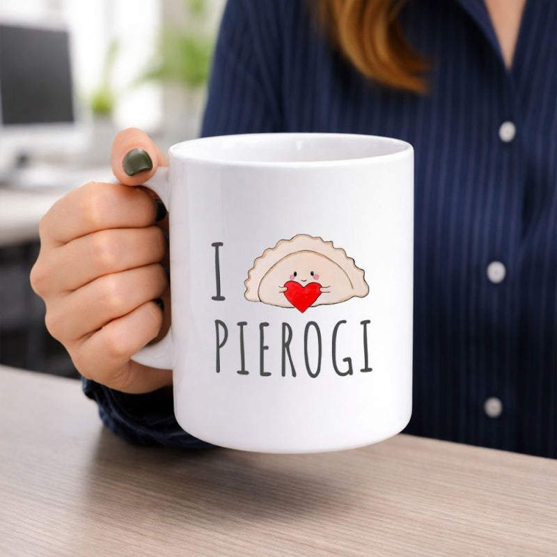 Tailorly White Ceramic 11 oz Mug - I Pierogi Adorable Smiling Cartoon Food Character Holding A Tiny Red Heart Pierogi