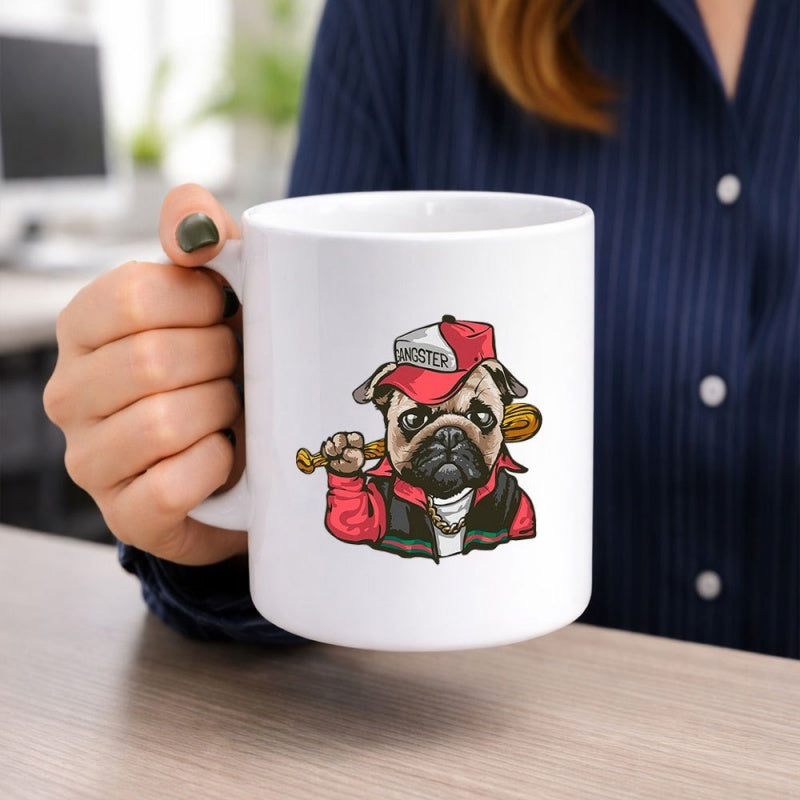 Tailorly White Ceramic 11 oz Mug - Cool Cartoon Dog Wearing Red Cap And Vest Holding Baseball Bat Pug
