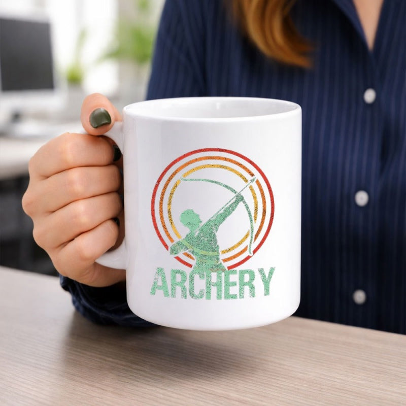 Tailorly White Ceramic 11 oz Mug - Archery Vintage Retro Style Concentric Circles With A Graceful Focused Silhouette Archer