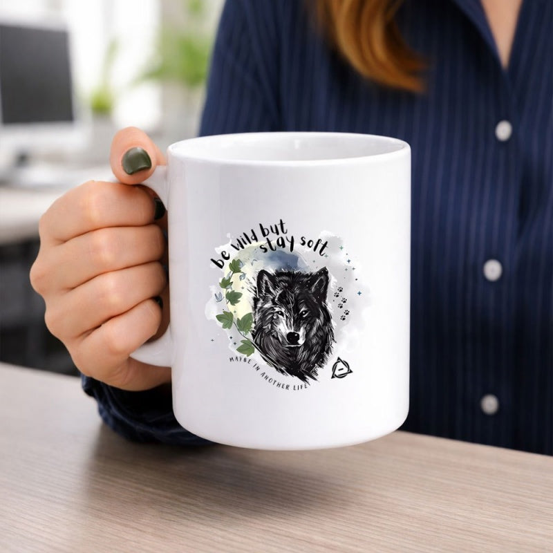 Tailorly White Ceramic 11 oz Mug - Be Wild But Stay Soft Intricate Ink Sketch Wolf Surrounded By Green Ivy And Misty Clouds Wolf