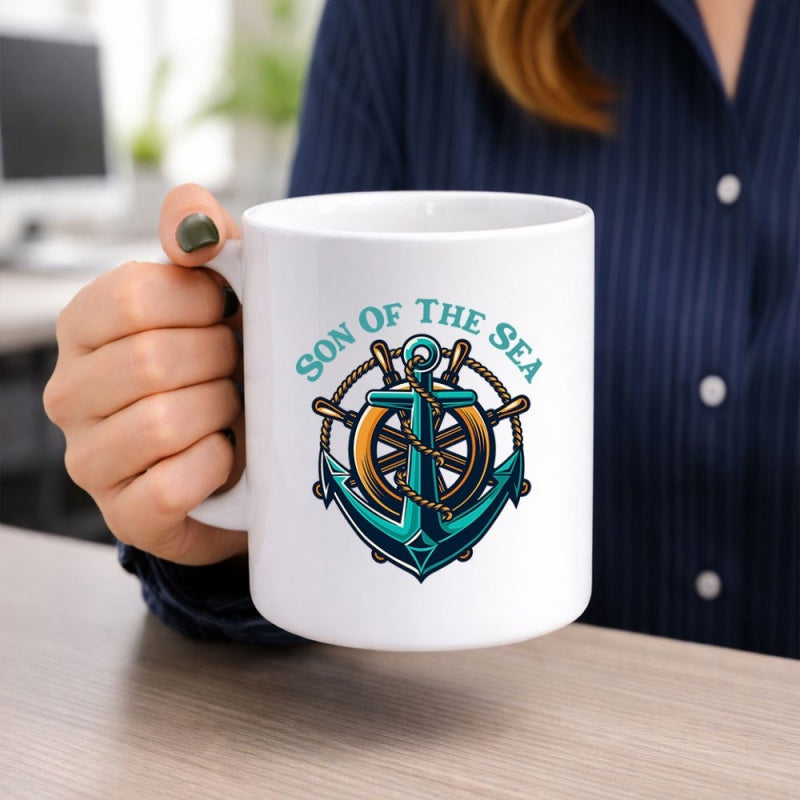 Tailorly White Ceramic 11 oz Mug - Son Of The Sea Classic Ship Wheel And Anchor Wrapped In Textured Rope Anchor