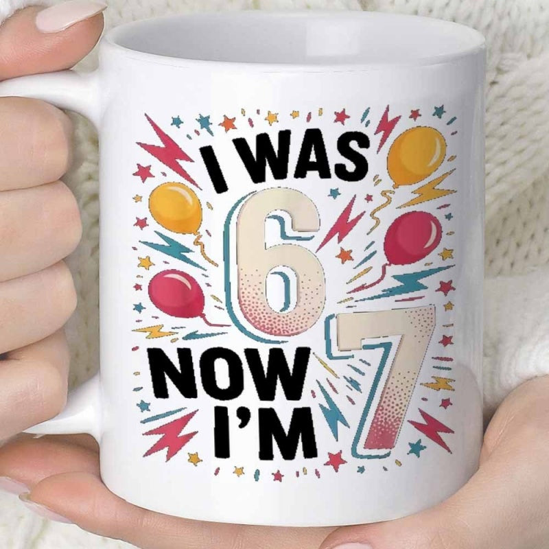 Tailorly White Ceramic 11 oz Mug - I Was 6 Now Im 7 Festive Birthday Celebration With Colorful Balloons Stars And Lightning Bolts Mug