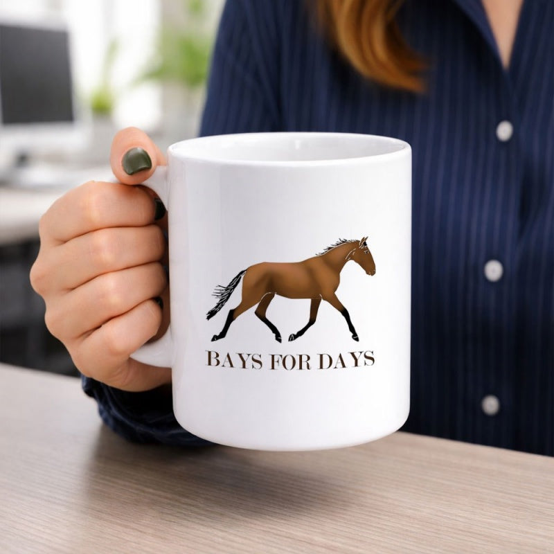 Tailorly White Ceramic 11 oz Mug - Bays For Days Majestic Brown Bay Steed Trotting Across A Wide White Space Horse
