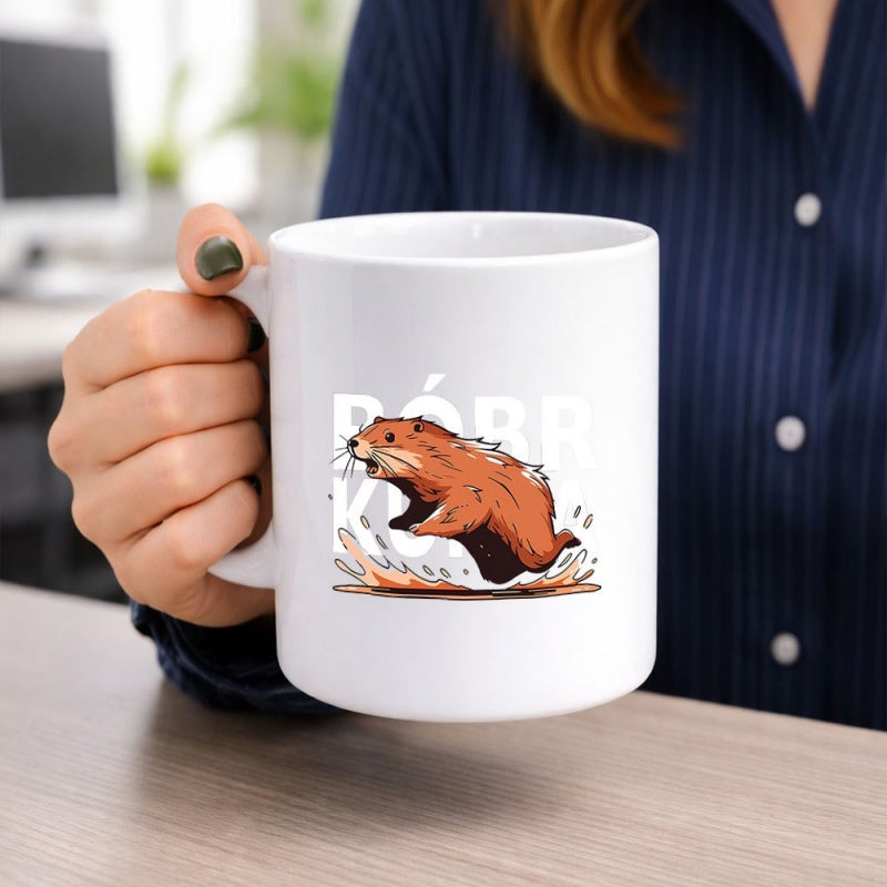 Tailorly White Ceramic 11 oz Mug - Energetic Brown Animal Jumping With Splashes In Dynamic Scene Beaver