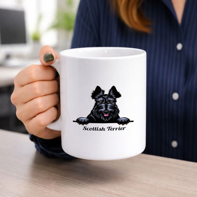Tailorly White Ceramic 11 oz Mug - Scottish Terrier Charming Peeking Black Dog With Pointy Ears And Friendly Expression Terrier