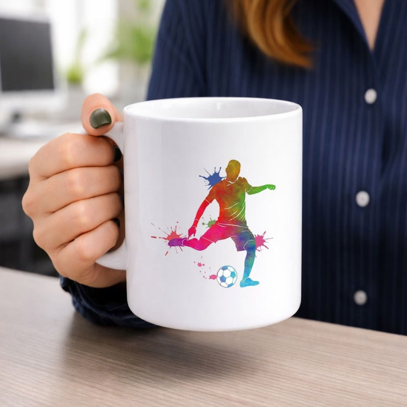 Tailorly White Ceramic 11 oz Mug - Colorful Watercolor Splash Silhouette Kicking Ball Dynamic Motion Soccer Player