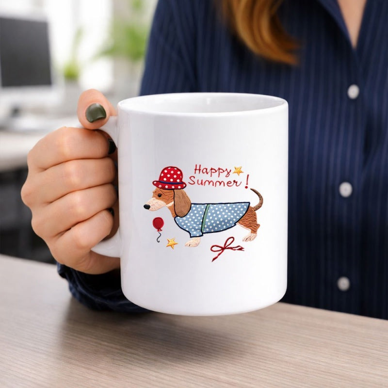 Tailorly White Ceramic 11 oz Mug - Happy Summer Wearing Red Polka Dot Hat And Blue Checkered Shirt Dachshund