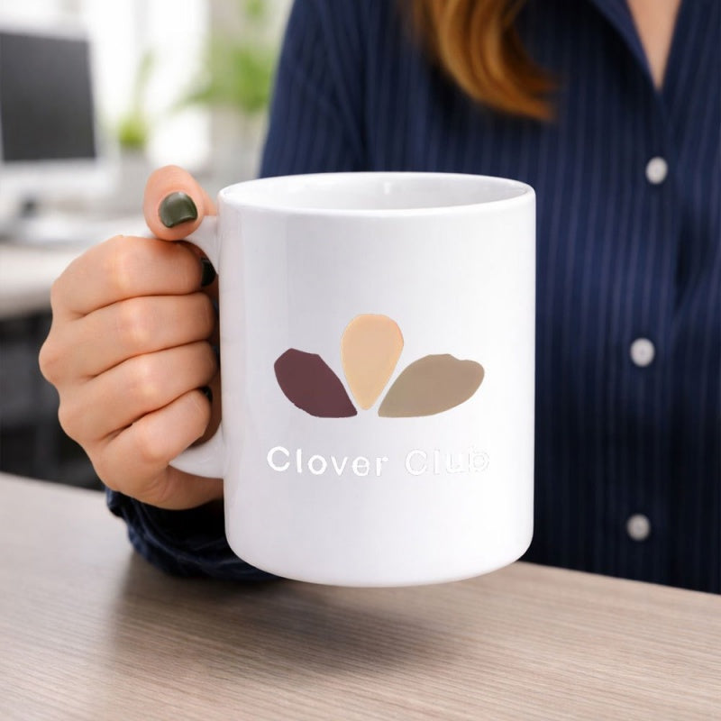 Tailorly White Ceramic 11 oz Mug - Clover Earthy Tone Minimalist Abstract Organic Shapes Arranged In A Balanced Petal Design
