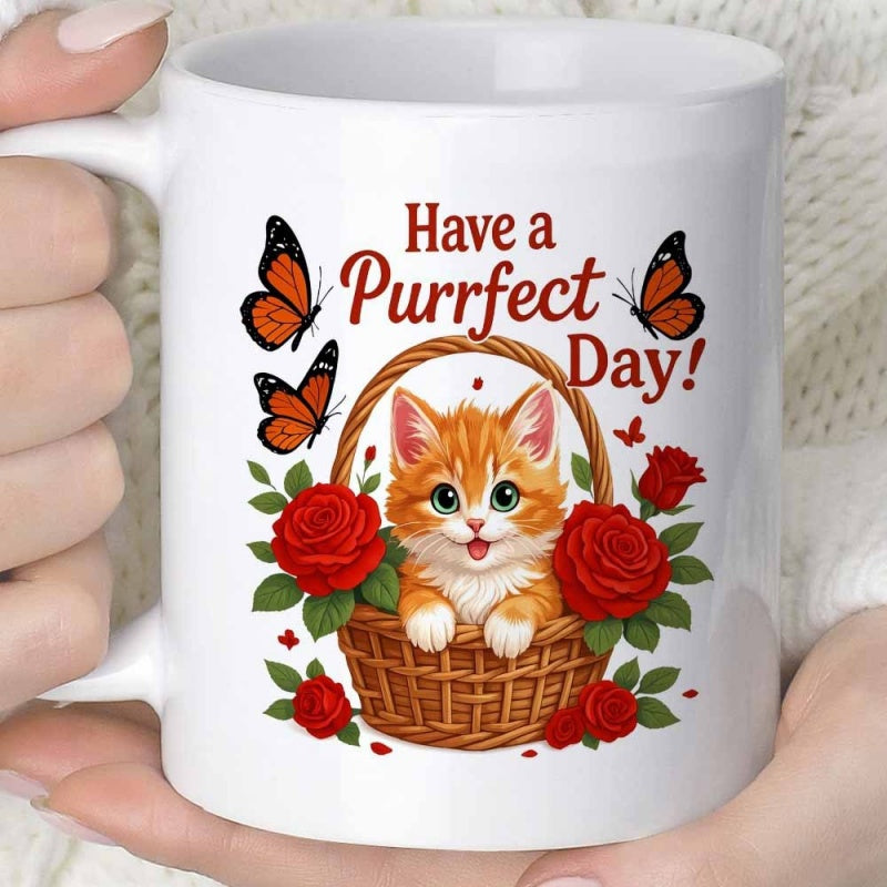 Tailorly White Ceramic 11 oz Mug - Have A Purrfect Day Ginger Kitten Inside Wicker Basket Among Red Roses And Butterflies Kitten