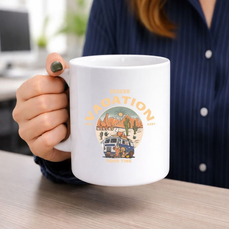 Tailorly White Ceramic 11 oz Mug - Summer Vacation Retro Camper Van Traveling Through Desert Landscape With Cacti Under Sun Van