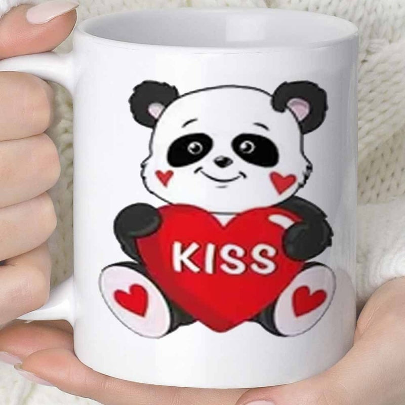 Tailorly White Ceramic 11 oz Mug - Kiss Adorable Cartoon Animal Sitting And Holding A Large Vibrant Red Heart Panda