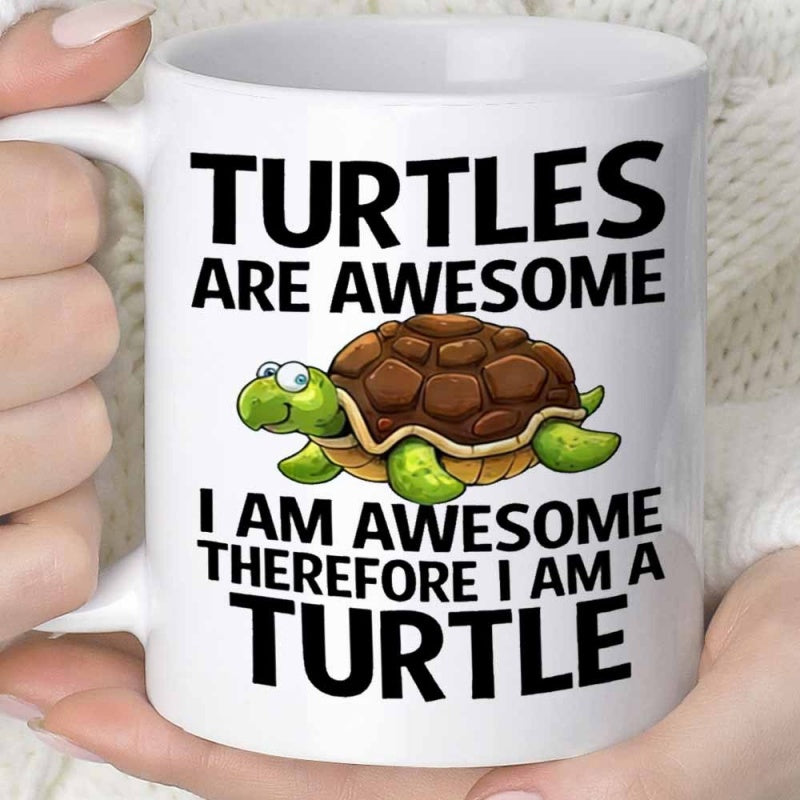 Tailorly White Ceramic 11 oz Mug - Turtles Are Awesome I Am Awesome Therefore I Am A Turtle Friendly Smiling Green Reptile With A Textured Brown Shell Turtle