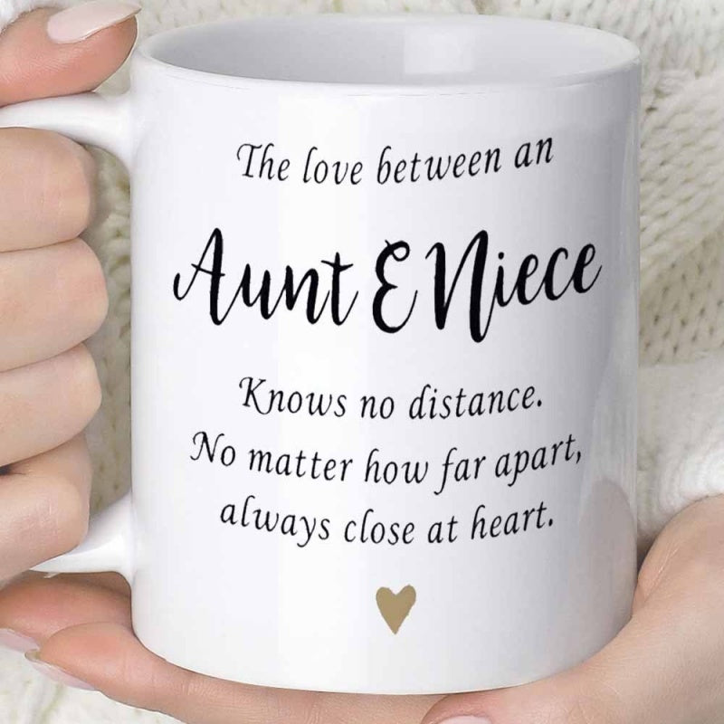 Tailorly White Ceramic 11 oz Mug - The Love Between An Aunt Niece Knows No Distance No Matter How Far Apart Always Close At Heart Minimalist Gold Heart Element