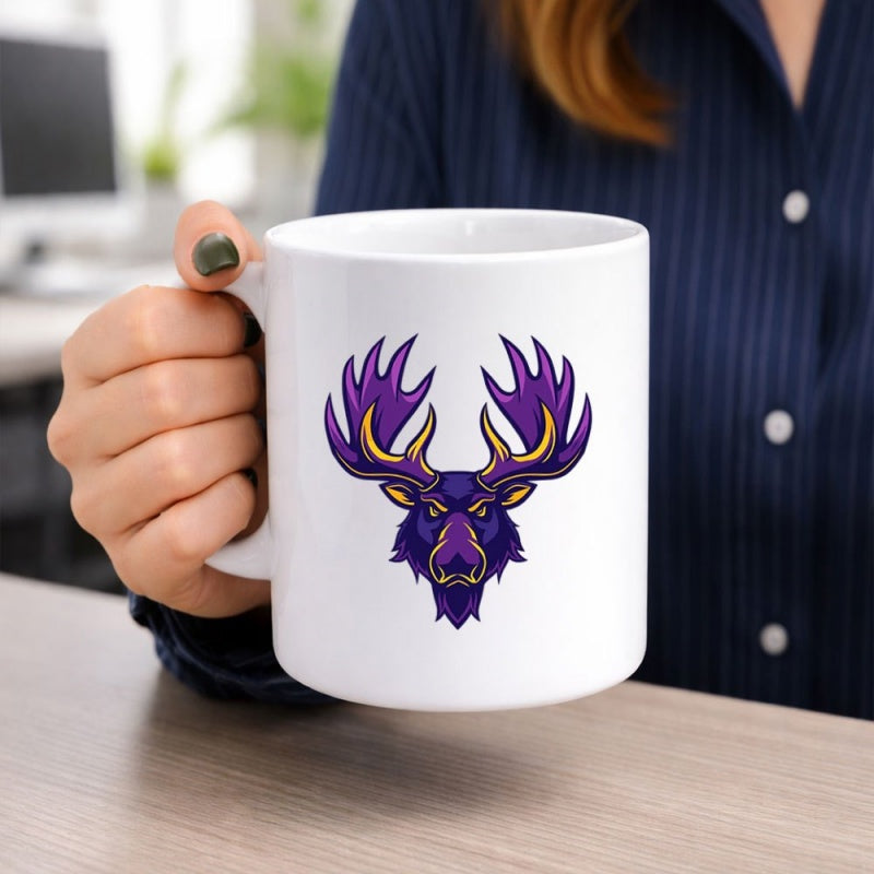 Tailorly White Ceramic 11 oz Mug - Stylized Purple Animal Head With Majestic Golden Antlers And Symmetrical Detail Moose