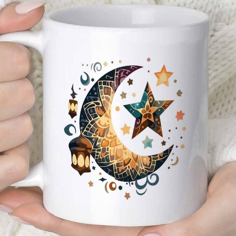 Tailorly White Ceramic 11 oz Mug - Intricate Mandala Pattern With Glowing Lanterns And Sparkling Celestial Stars Crescent Moon
