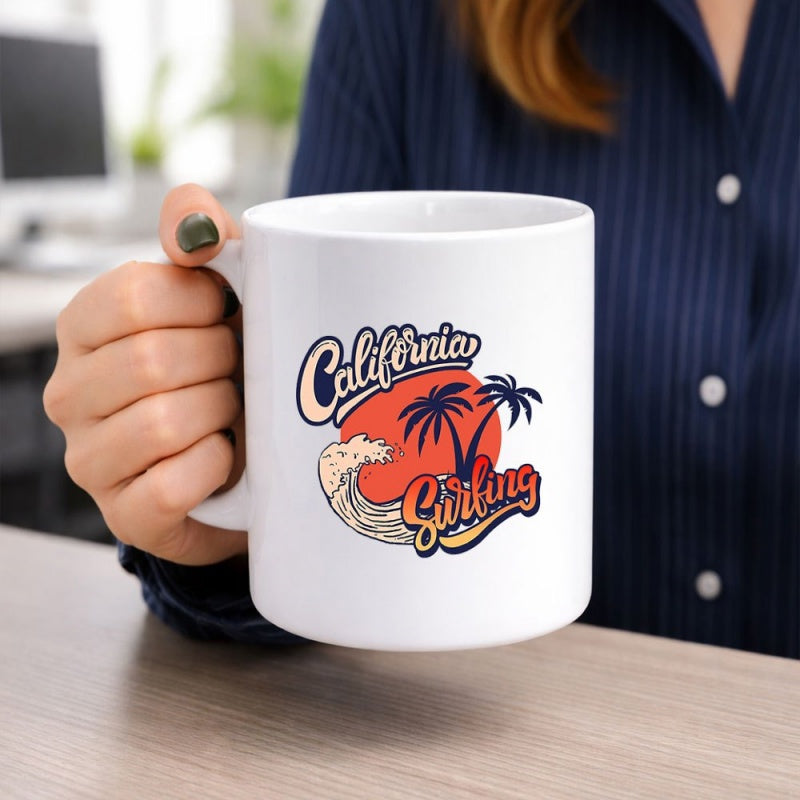 Tailorly White Ceramic 11 oz Mug - California Surfing Vintage Retro Sun With Tropical Palm Trees And Ocean Coast