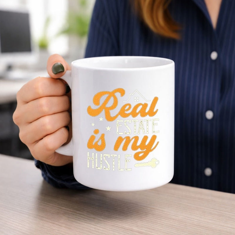 Tailorly White Ceramic 11 oz Mug - Real Estate Is My Hustle Minimalist Typography Style With Small Stars And A Tiny Key Mug