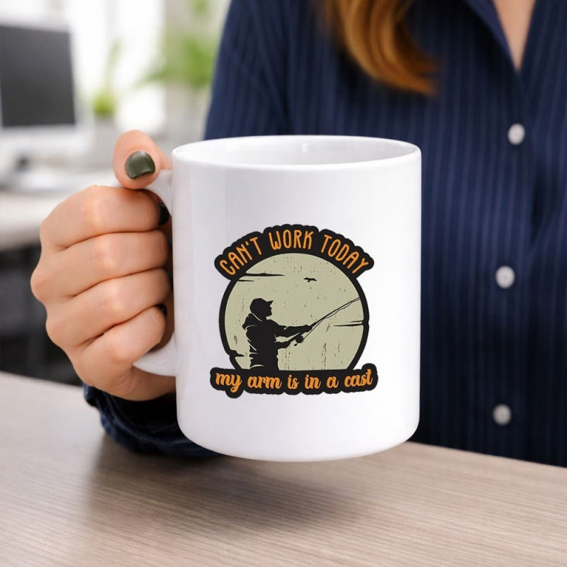 Tailorly White Ceramic 11 oz Mug - Can't Work Today My Arm Is In A Cast Vintage Circular Graphic Of A Silhouette Person Fishing Under Sunset Fisherman