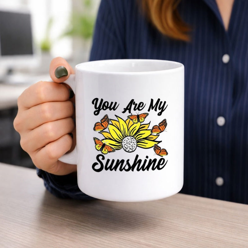 Tailorly White Ceramic 11 oz Mug - You Are My Sunshine Blooming Vibrant Yellow Sunflower With Delicate Monarch Butterflies Fluttering Sunflower