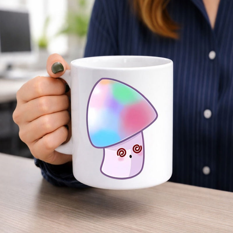 Tailorly White Ceramic 11 oz Mug - Colorful Pastel Gradient Cap Featuring Dizzy Spiral Eyes Character Mushroom
