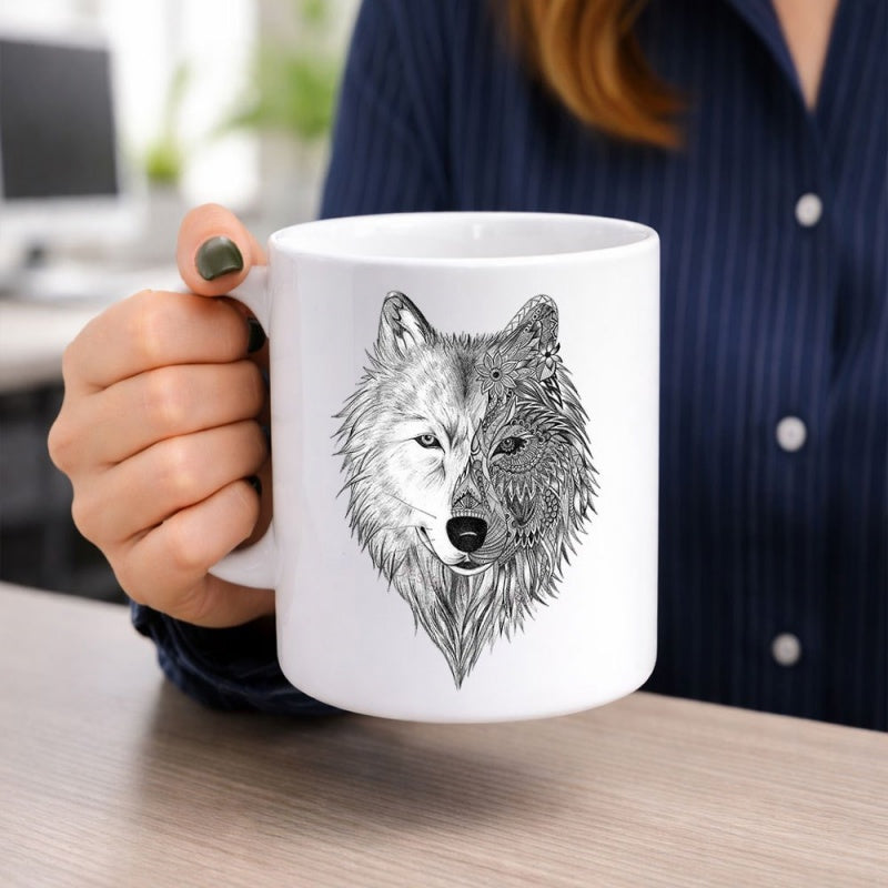 Tailorly White Ceramic 11 oz Mug - Majestic Geometric Tribal Pattern Split Face Design Artistic Wild Forest Wolf