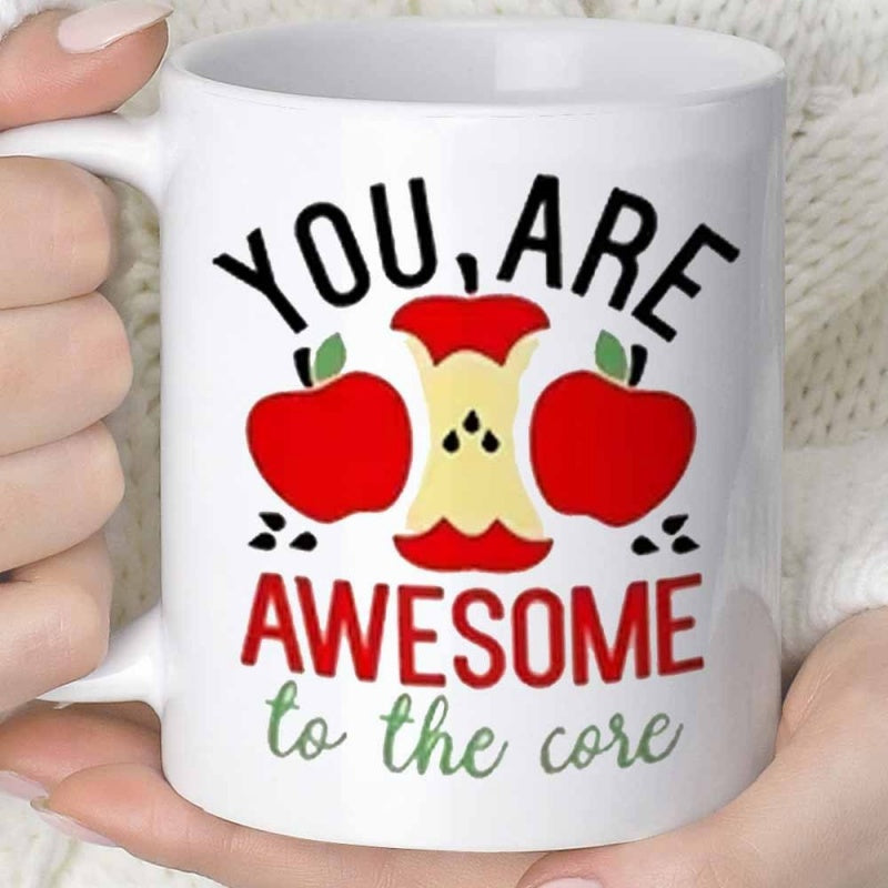 Tailorly White Ceramic 11 oz Mug - You Are Awesome To The Core Two Vibrant Red Apples Beside A Partly Eaten Fruit Core Apple