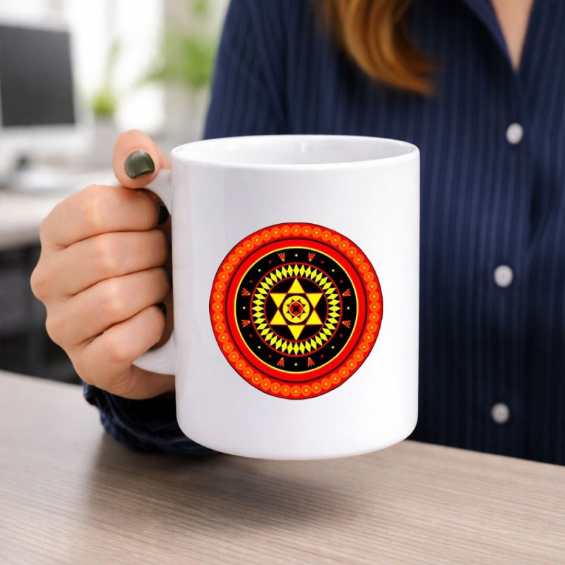 Tailorly White Ceramic 11 oz Mug - Intricate Geometric Pattern With Radiant Sun And Star Center Mandala