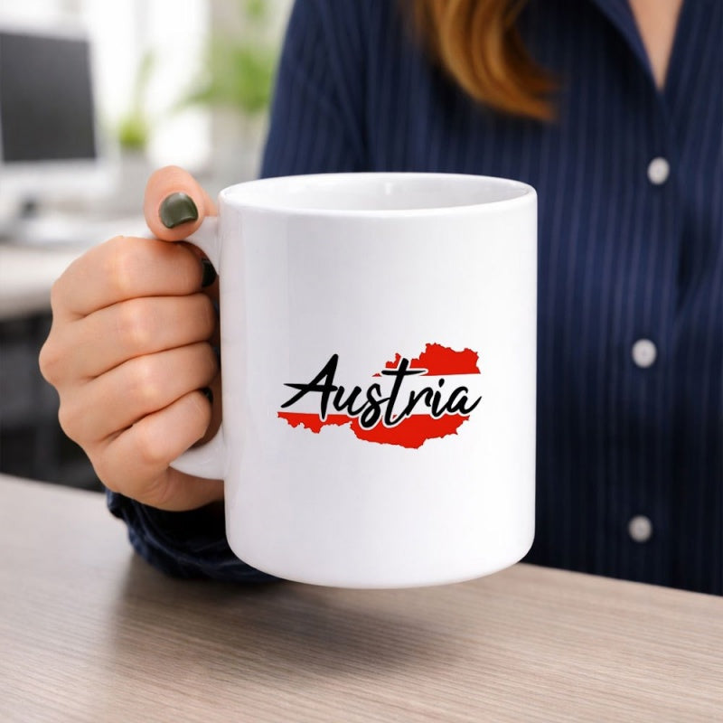 Tailorly White Ceramic 11 oz Mug - Austria Red And White National Flag Silhouette Map Pattern Mug