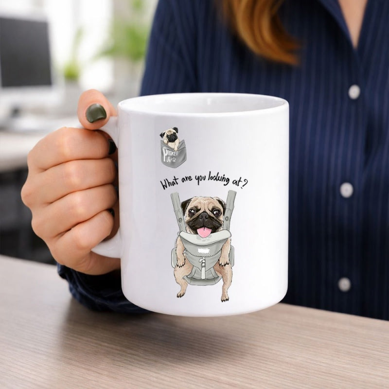 Tailorly White Ceramic 11 oz Mug - Wait Are You Looking At Hand Drawn Adorable Small Pug Dog Sitting Inside A Baby Carrier Harness Pug