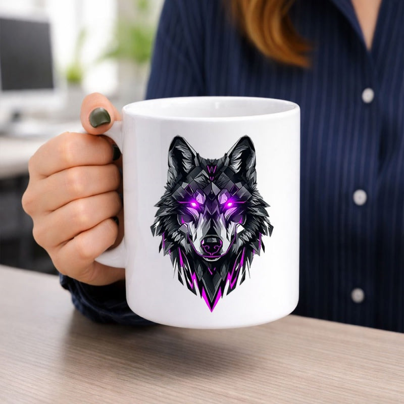 Tailorly White Ceramic 11 oz Mug - Mechanical Geometric Predator Head With Glowing Purple Eyes And Dark Fur Wolf