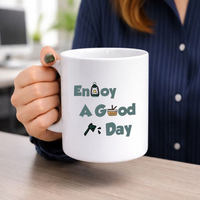 Tailorly White Ceramic 11 oz Mug - Enjoy A Good Day Minimalist Modern Bold Typography With Small Rustic Symbols Celebrating Day