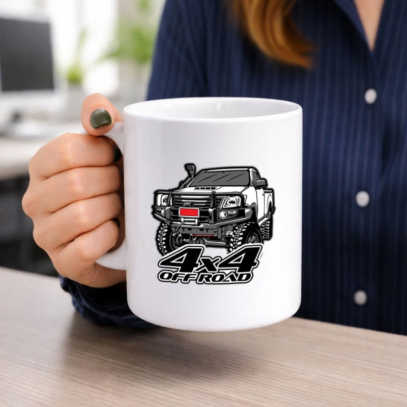 Tailorly White Ceramic 11 oz Mug - 4x4 Off Road Stylized Rugged Adventure Vehicle Featuring Massive All Terrain Mud Tires Truck