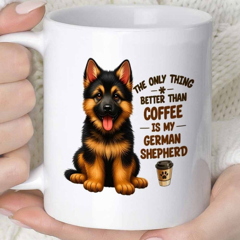 Tailorly White Ceramic 11 oz Mug - The Only Thing Better Than Coffee Is My German Shepherd Cute Fluffy Puppy Sitting Calmly Beside A Small Takeout Cup German